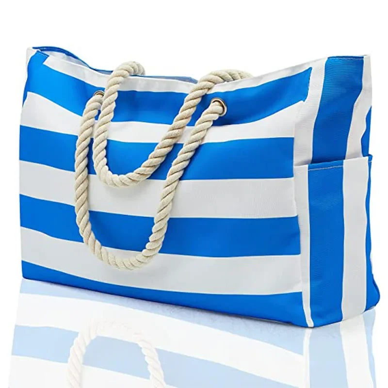 Oversized Striped Canvas Pool Bag with Pockets, Royal Blue