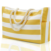 Oversized Striped Canvas Pool Bag with Pockets, Yellow