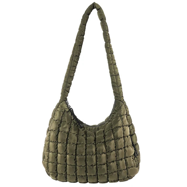 Olive Quilted Puffer Shoulder Bag with Zip Top