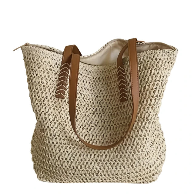 Large Summer Woven Shoulder Tote Bag, Light Beige