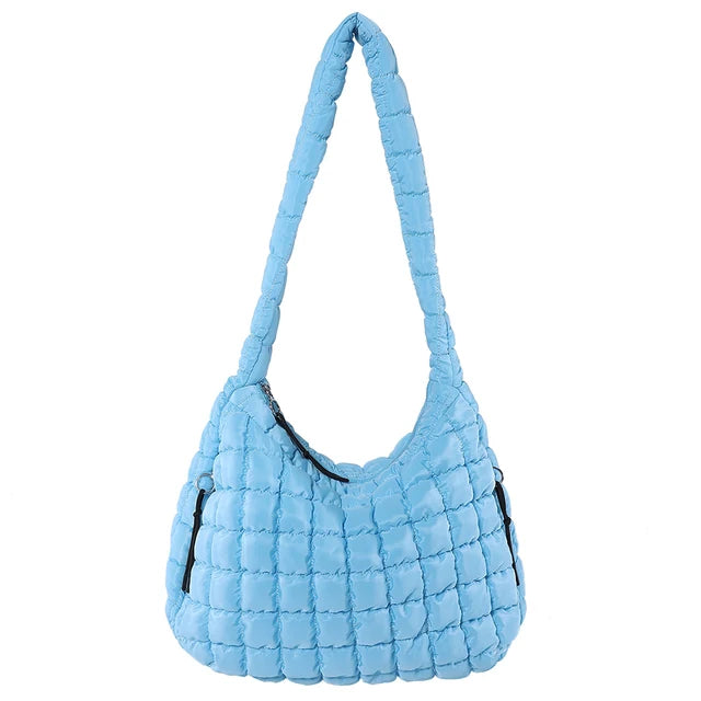 Sky Blue Quilted Puffer Shoulder Bag with Zip Top