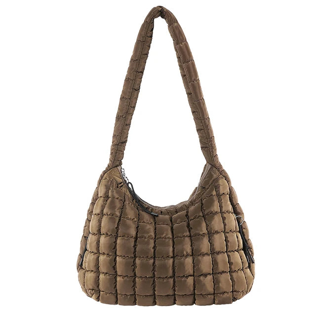 Coffee Quilted Puffer Shoulder Bag with Zip Top