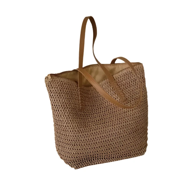 Large Summer Woven Shoulder Tote Bag, Dark Khaki