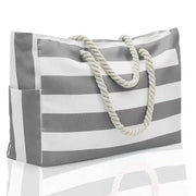 Oversized Striped Canvas Pool Bag with Pockets, Gray