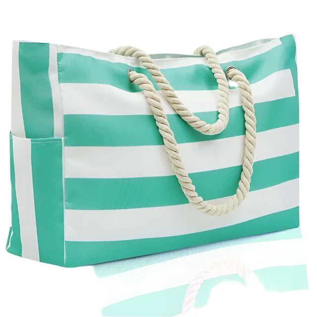 Oversized Striped Canvas Pool Bag with Pockets, Aqua