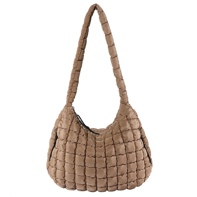 Khaki Quilted Puffer Shoulder Bag with Zip Top