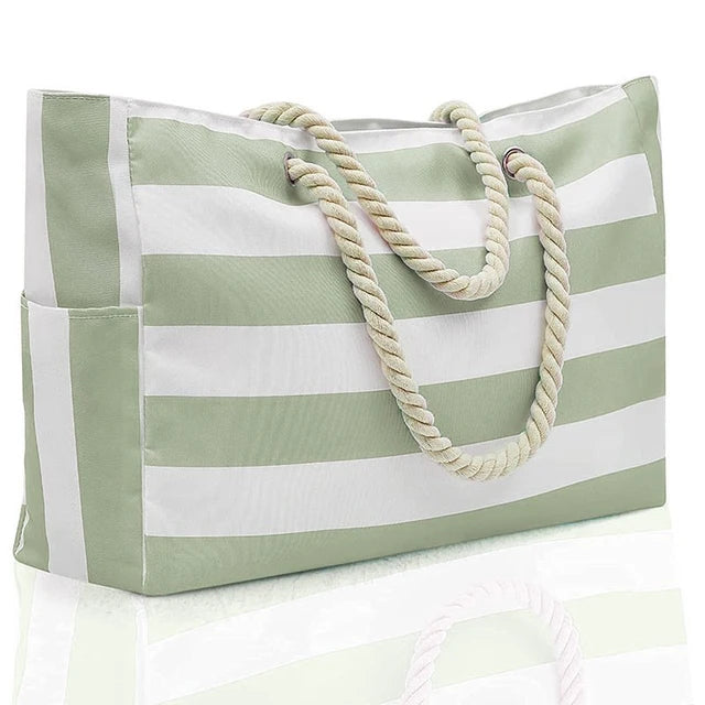 Oversized Striped Canvas Pool Bag with Pockets, Matcha