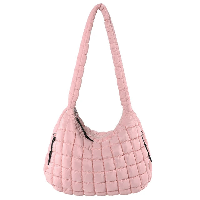 Pale Pink Quilted Puffer Shoulder Bag with Zip Top