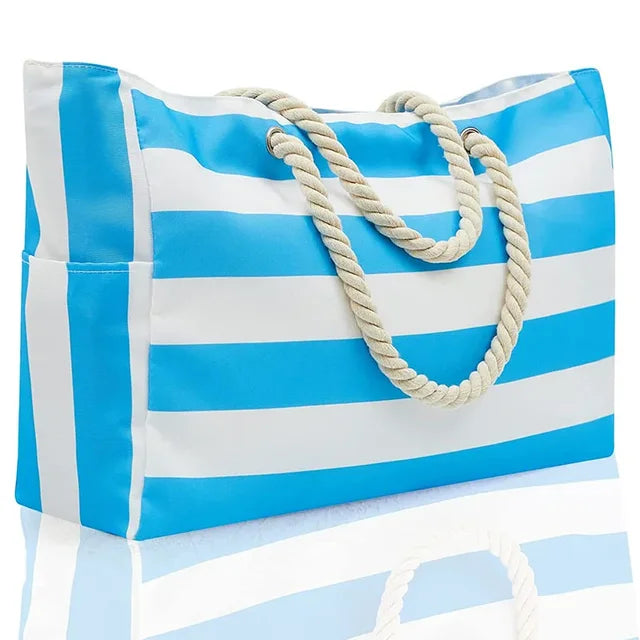 Oversized Striped Canvas Pool Bag with Pockets, Bright Blue