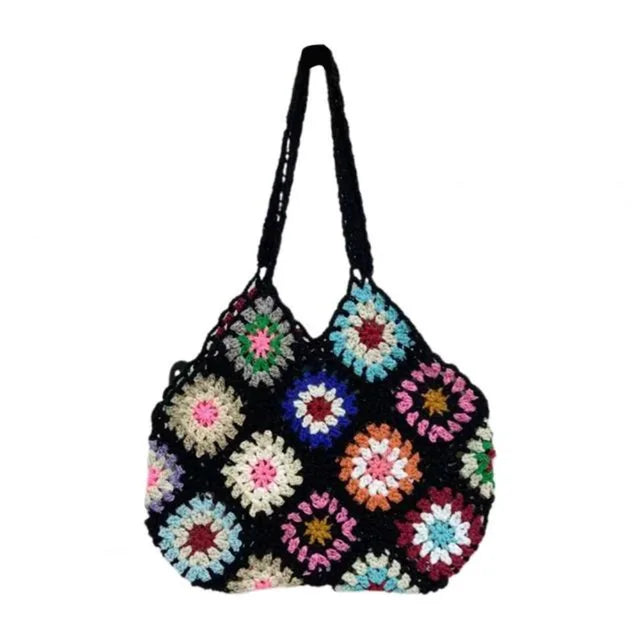 Granny Square Flower Crocheted Shoulder Bag, Black