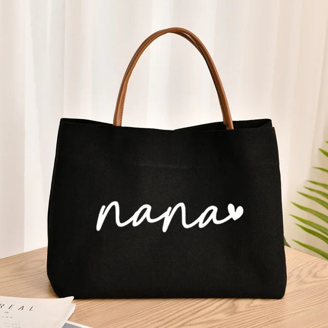 Nana With Heart Canvas Beach Tote, Black