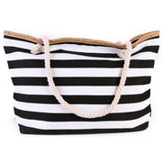 Solid Striped Canvas Tote Bag with Zipper Top, Black