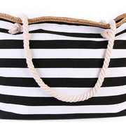 Solid Striped Canvas Tote Bag with Zipper Top, Black Close-up