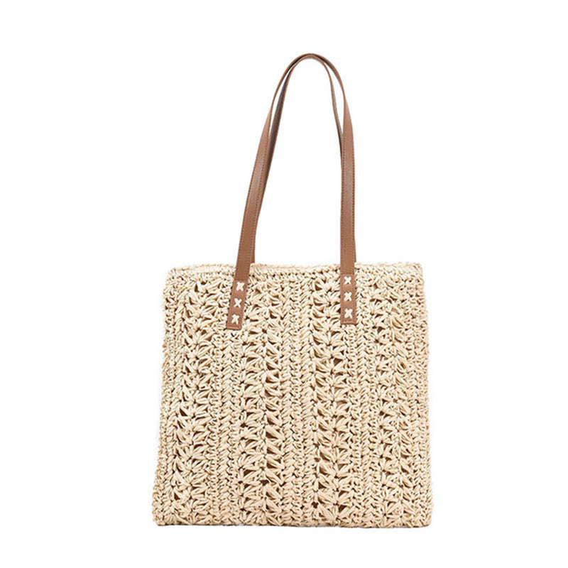 Summer Straw Woven Shopper Beach Tote, Light Beige