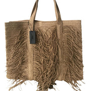 Bohemian Woven Tassle Straw Beach Bag, Tan