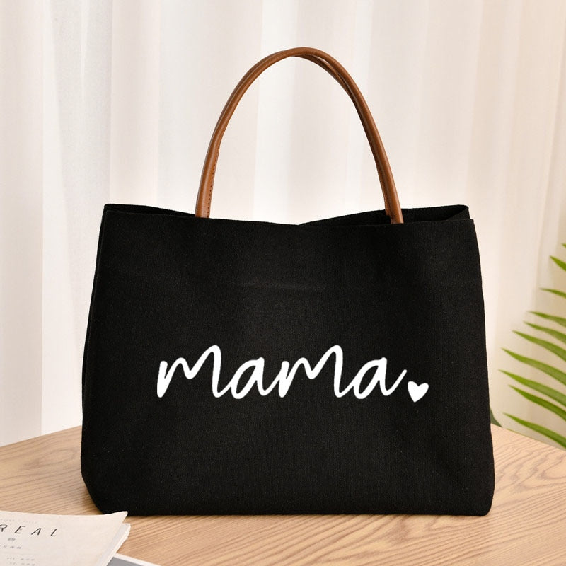 Mama With Heart Canvas Beach Tote, Black