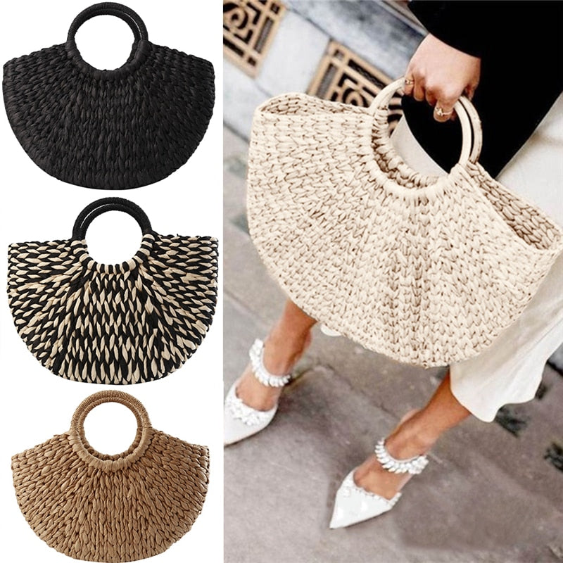 Half-Round Bohemia Woven Rattan Beach Bag, all colors