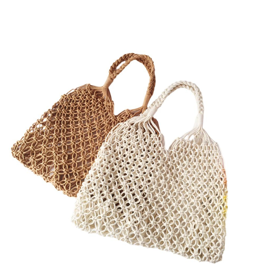 White/Camel Fish Net Beach Bag with Rope Handles