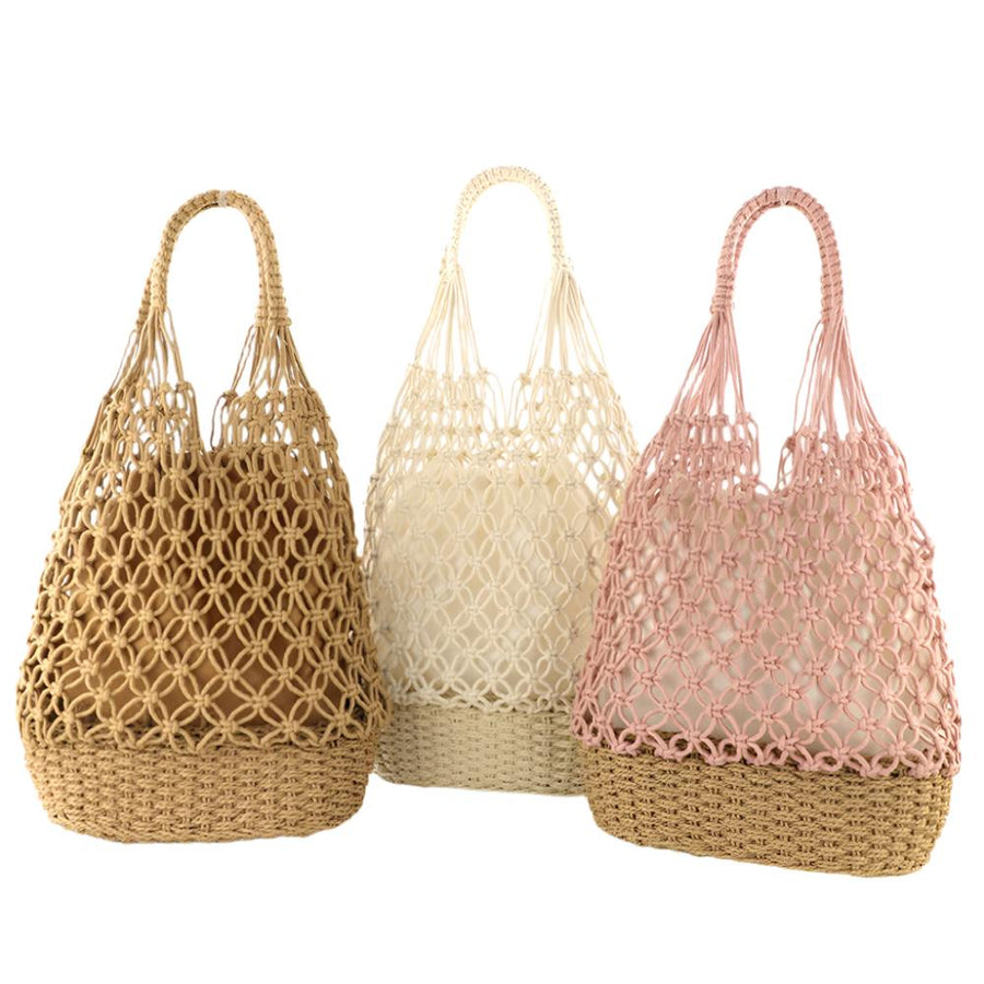 Camel Fish Net Beach Bag with Woven Base, Multiple colors