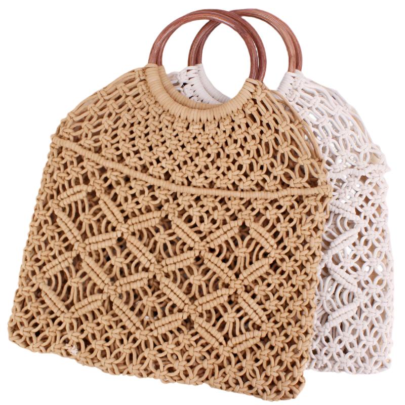 Camel /White Fish Net Beach Bag with Wooden Handles