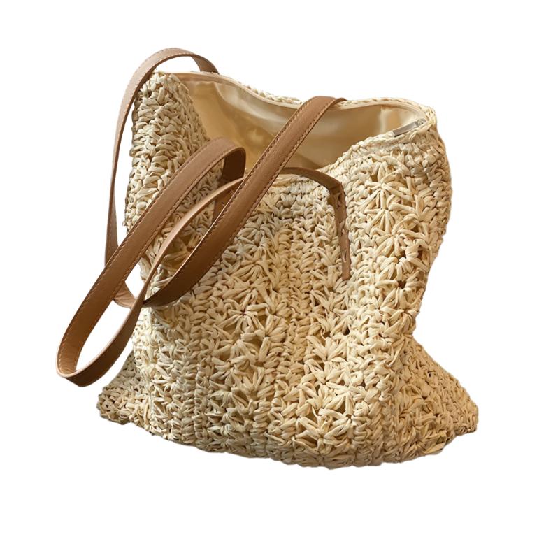 Summer Straw Woven Shopper Beach Tote, Light Beige side view