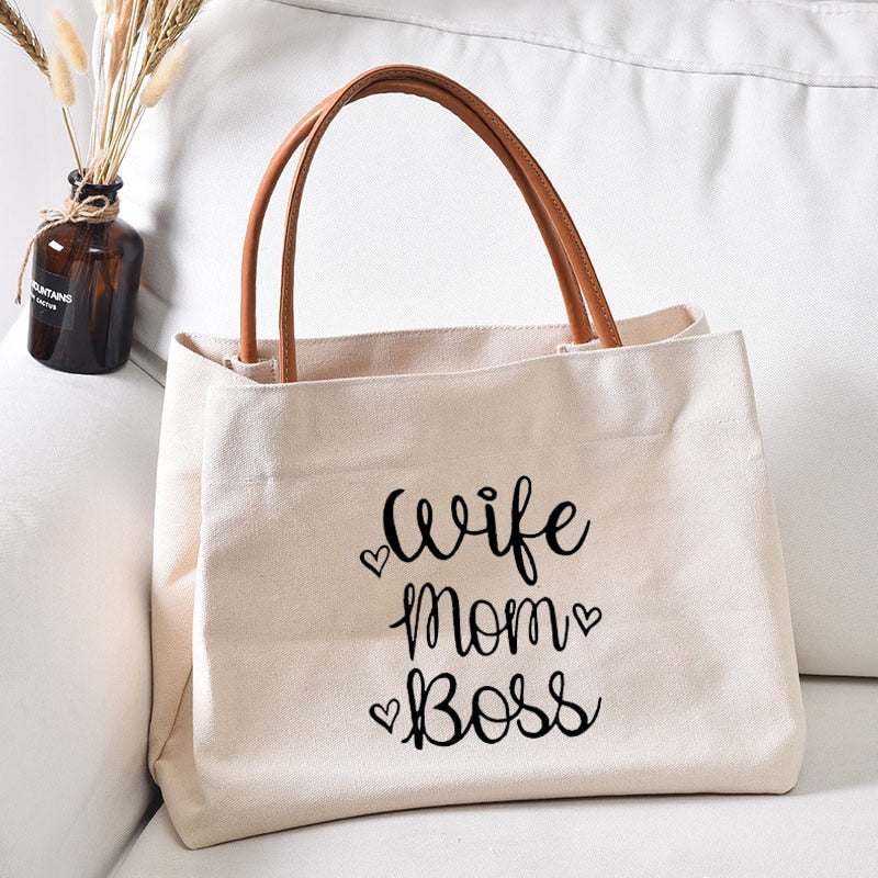 Wife Mom Boss Canvas Beach Bag, White