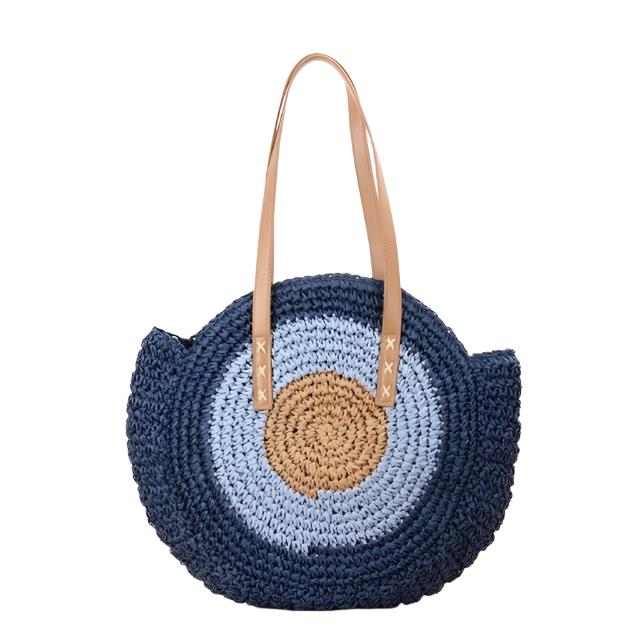 Spiral Pattern Round Woven Beach Bag, Navy