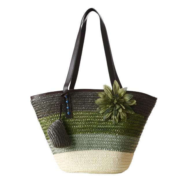 Color Block Woven Straw Beach Bag, Olive