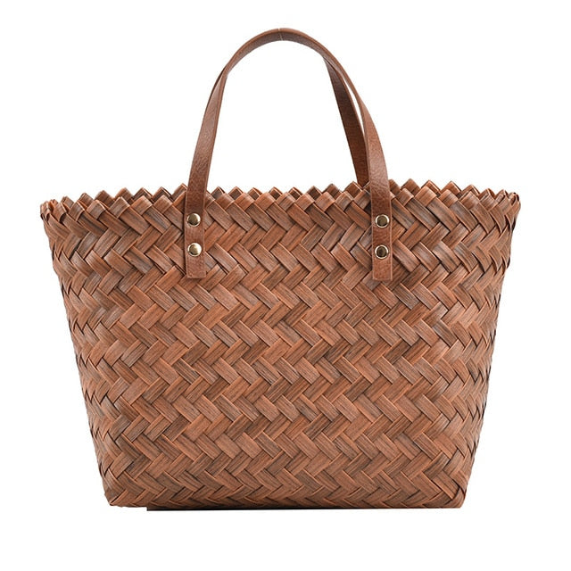 Woven Straw Basket Bag with Matching Handles, Chestnut