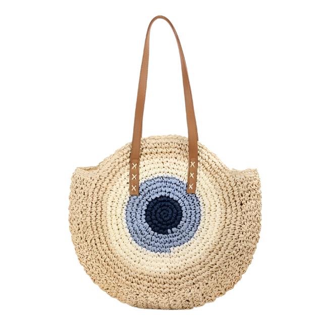 Spiral Pattern Round Woven Beach Bag, Beige/Blue