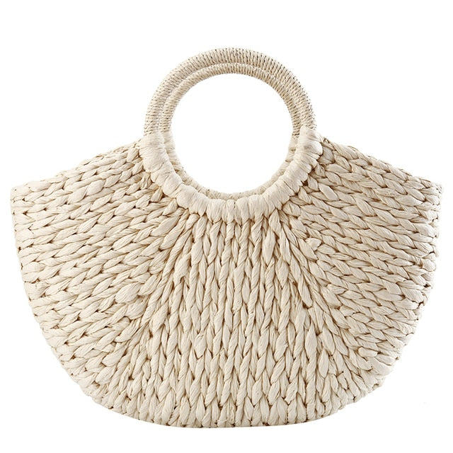 Half-Round Bohemia Woven Rattan Beach Bag, Cream