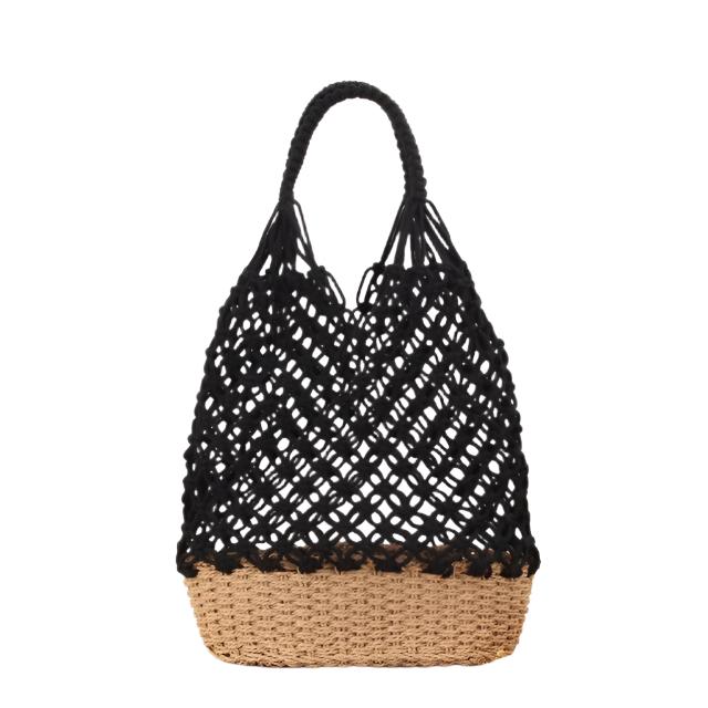 Black Fish Net Beach Bag with Woven Base