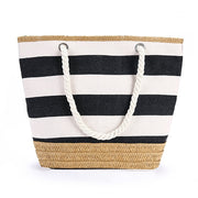 Wide Striped Canvas Beach Tote with Zipper Top, Black