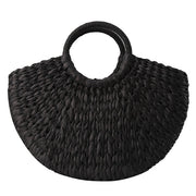 Half-Round Bohemia Woven Rattan Beach Bag, Black