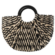 Half-Round Bohemia Woven Rattan Beach Bag, Black/White