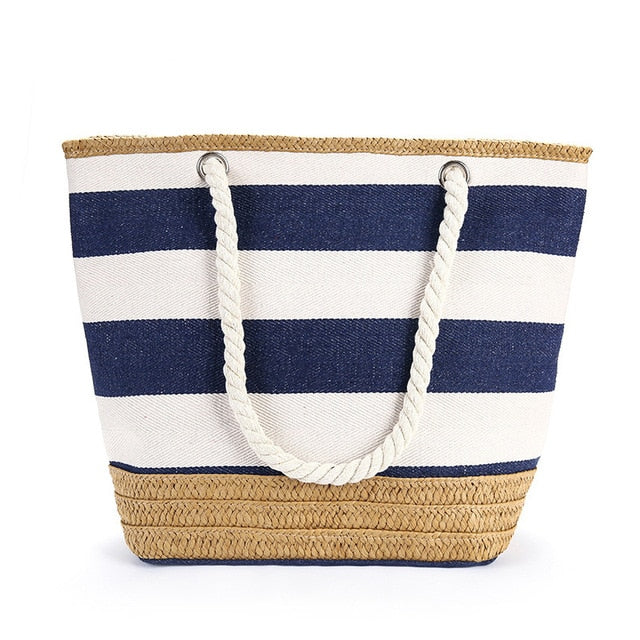 Wide Striped Canvas Beach Tote with Zipper Top, Blue