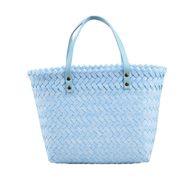 Woven Straw Basket Bag with Matching Handles, Light Blue