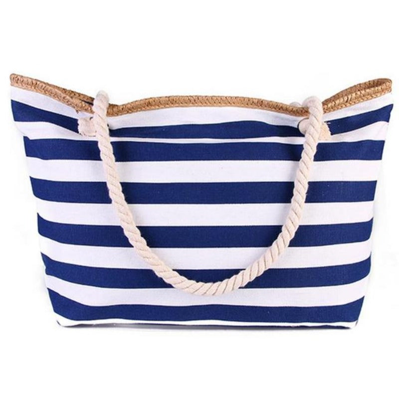 Solid Striped Canvas Tote Bag with Zipper Top, Blue