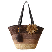 Color Block Woven Straw Beach Bag, Brown