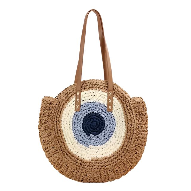 Spiral Pattern Round Woven Beach Bag, Khaki/Blue