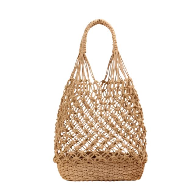 Camel Fish Net Beach Bag with Woven Base