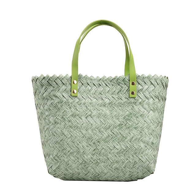 Woven Straw Basket Bag with Matching Handles, Green