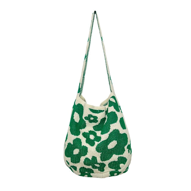 Kelly Green Flower Print Knit Shoulder Bag