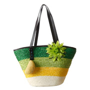 Color Block Woven Straw Beach Bag, Green