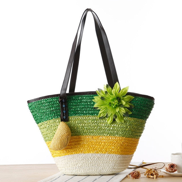 Color Block Woven Straw Beach Bag, Green