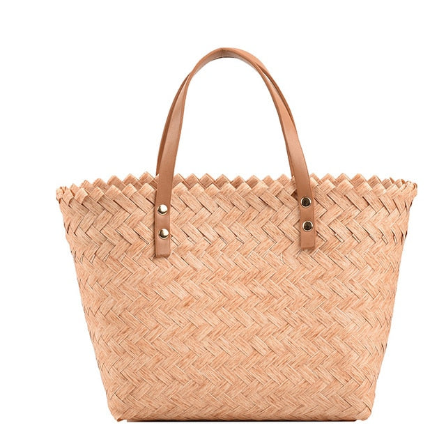 Woven Straw Basket Bag with Matching Handles, Tan