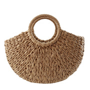 Half-Round Bohemia Woven Rattan Beach Bag, Khaki