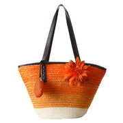 Color Block Woven Straw Beach Bag, Orange