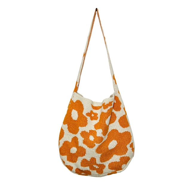 Orange Flower Print Knit Shoulder Bag