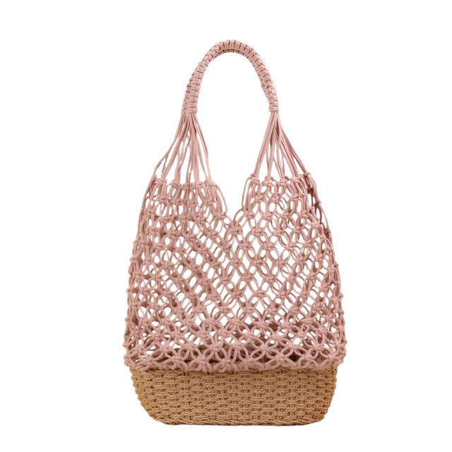 Pink Fish Net Beach Bag with Woven Base